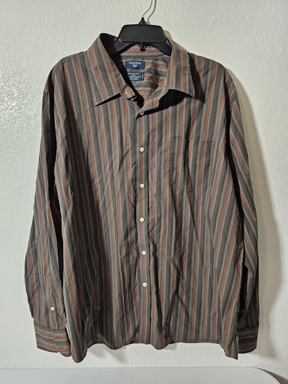 Dockers Brown Orange Gray Striped Woven Button-Up Shirt Pockets XXL Men